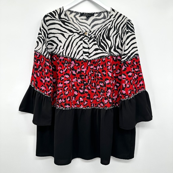 Calessa Tunic Top Shirt Size Large 3/4 Bell Sleeve Patchwork Zebra Leopard Boho - Picture 1 of 11